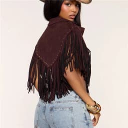 Women Western Cowboy Fringe Sleeveless Vest Suede Rivet Lapel Crop Waistcoat Brown Country Concert Festival Outerwear
