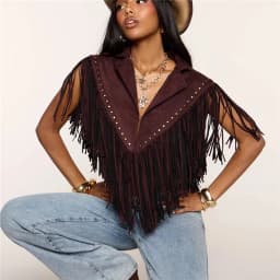 Women Western Cowboy Fringe Sleeveless Vest Suede Rivet Lapel Crop Waistcoat Brown Country Concert Festival Outerwear
