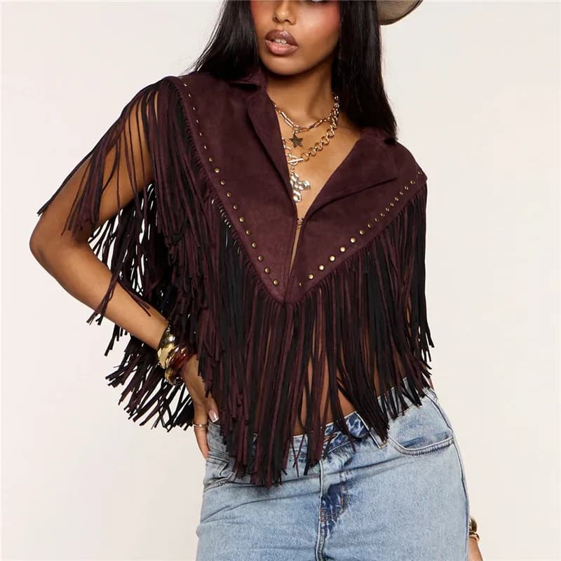 Women Western Cowboy Fringe Sleeveless Vest Suede Rivet Lapel Crop Waistcoat Brown Country Concert Festival Outerwear