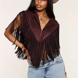 Women Western Cowboy Fringe Sleeveless Vest Suede Rivet Lapel Crop Waistcoat Brown Country Concert Festival Outerwear