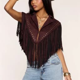 Women Western Cowboy Fringe Sleeveless Vest Suede Rivet Lapel Crop Waistcoat Brown Country Concert Festival Outerwear