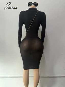 Joskaa Women Black Bodycon Midi Dress Sexy Turtleneck Long Sleeve Slim Fit See Through Pencil Dresses Nightclub Party Outfits