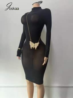 Joskaa Women Black Bodycon Midi Dress Sexy Turtleneck Long Sleeve Slim Fit See Through Pencil Dresses Nightclub Party Outfits