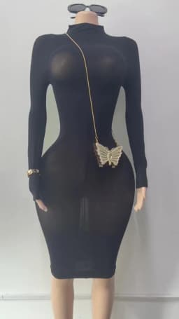 Joskaa Women Black Bodycon Midi Dress Sexy Turtleneck Long Sleeve Slim Fit See Through Pencil Dresses Nightclub Party Outfits