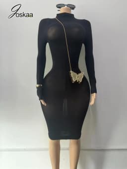 Joskaa Women Black Bodycon Midi Dress Sexy Turtleneck Long Sleeve Slim Fit See Through Pencil Dresses Nightclub Party Outfits
