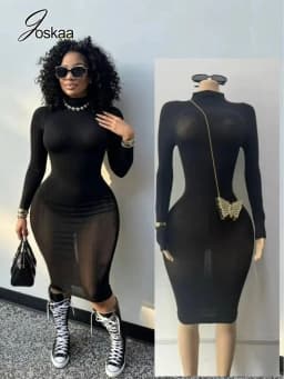 Joskaa Women Black Bodycon Midi Dress Sexy Turtleneck Long Sleeve Slim Fit See Through Pencil Dresses Nightclub Party Outfits