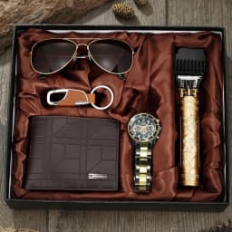 2026 New 5pcs Watch Set for Men in Gift Box Belt Wallet Hair Trimmer Keychain Sunglasses Men’s Watch Gift Box Set Gifts for Him