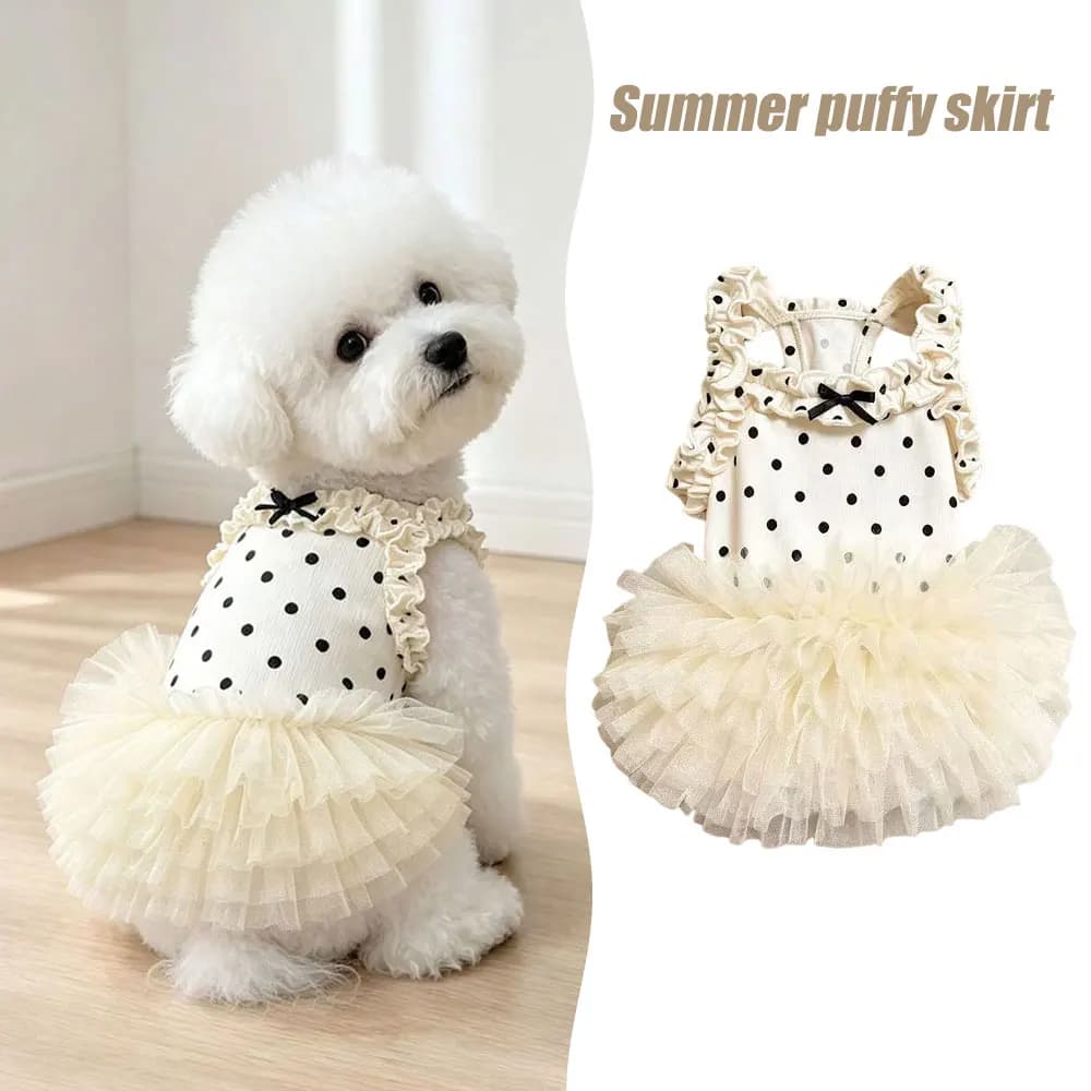 lightweight Thin Pet Dog Summer Dress Polka Dot Ruffle Sling Tulle Tutu Skirt Breathable Puppy Clothes For Daily Walking Wear