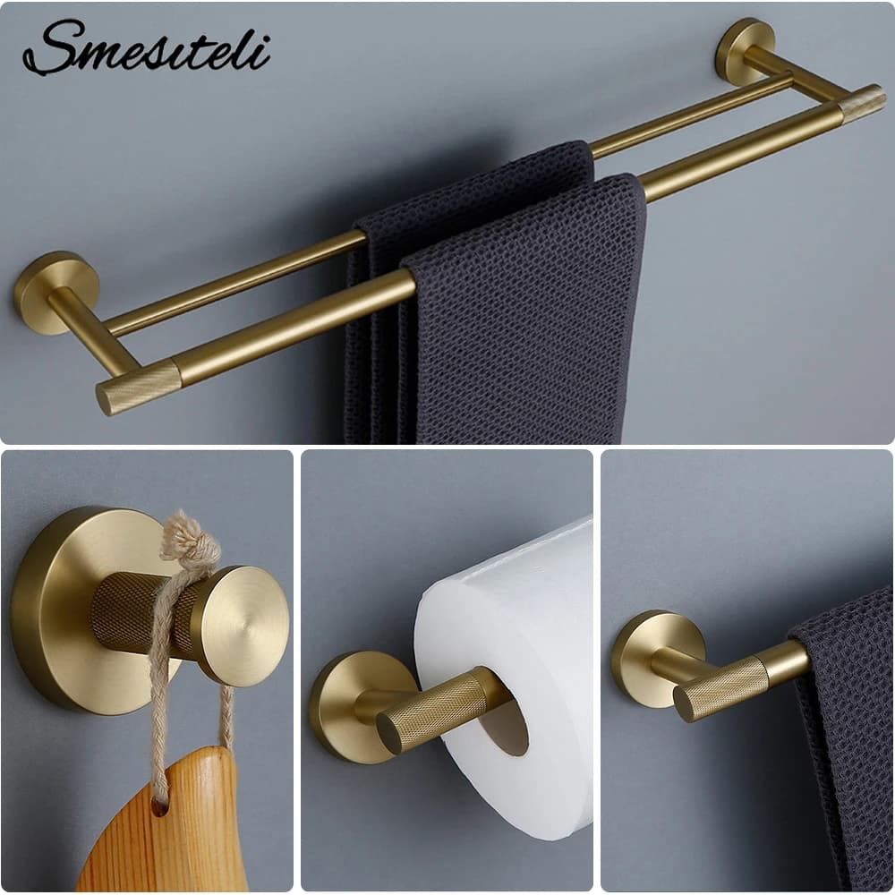 Gold Bathroom Accessories Towel Bar Bath Robe Hook Brass Knurled Bathroom Hardware Set Shelf for Towels Paper Tissue Holer
