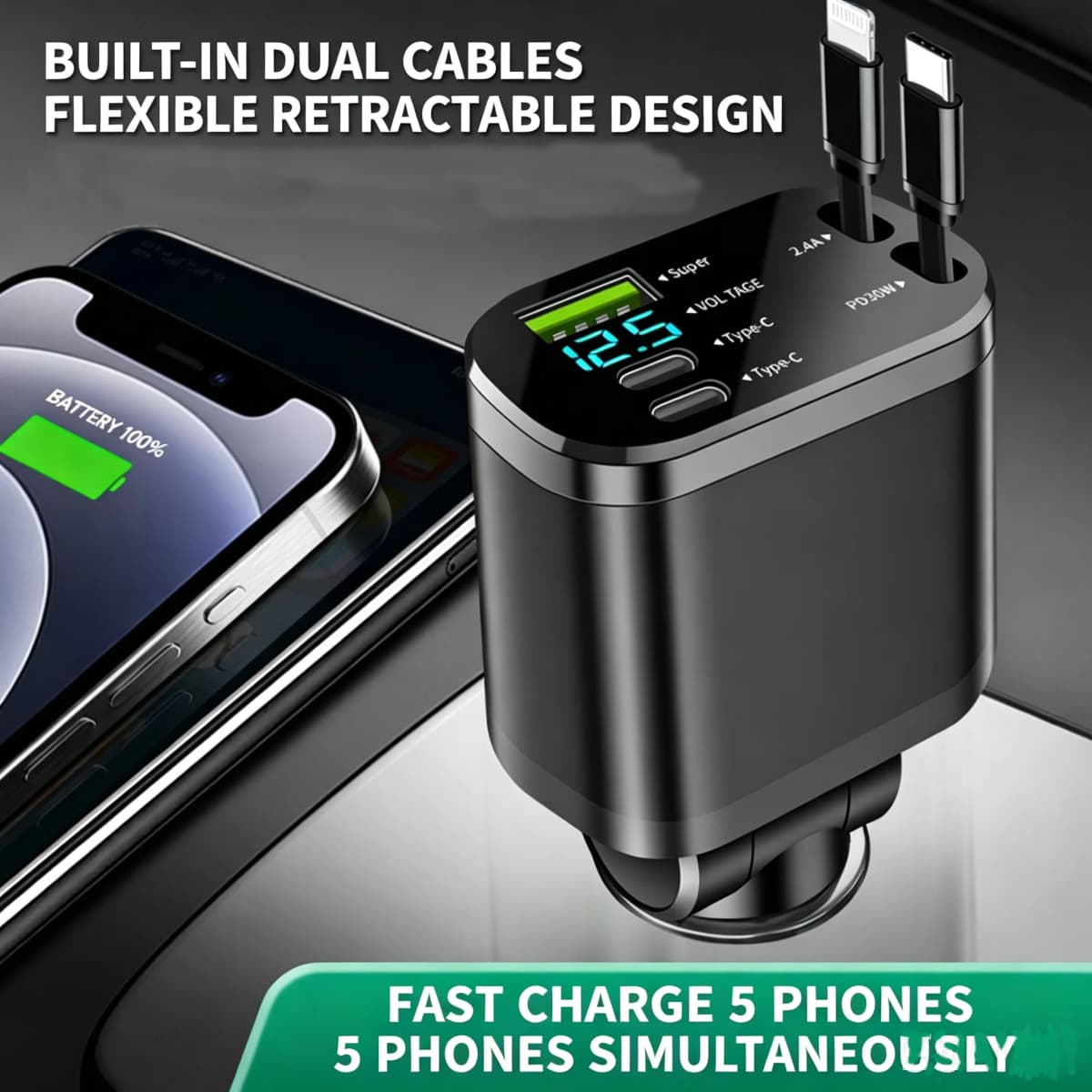 Retractable Cable PD Car Charger Digital Voltage Display Fast Charging Type C Car Cigarette Lighter Charger Adapter For Phone