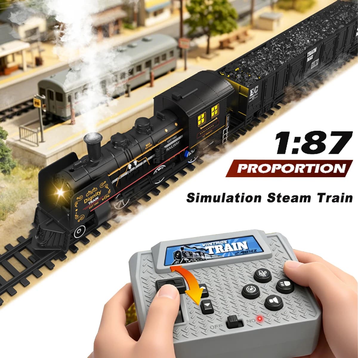 1:87 RC Steam Train 2.4G Simulation Remote Control Spray Track Train Electric Railway Set Railway Toy for Kids Christmas Gifts