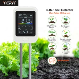 Yieryi Rechargeable 6-in-1 Soil PH Tester Moisture/Fertility/Sunlight/Temp/pH Meter Earth Nutrient Analyzer for Gardening Farm