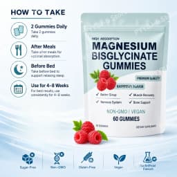 Magnesium Bisglycinate Gummies High Absorption Vegan Raspberry Flavor 60 Count Support Muscle Bone Health Non GMO Gluten Free