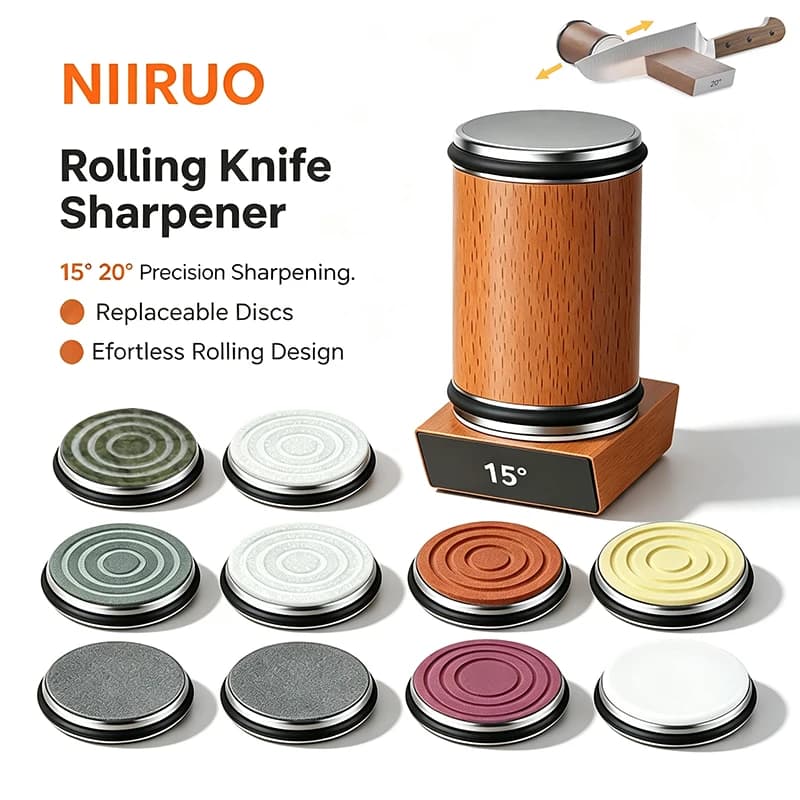 Niiruo Rolling Knife Sharpener Double Sided Diamond Sharpening Stone 15/20° Degree Magnetic Angle Roller Sharpening for Kitchen