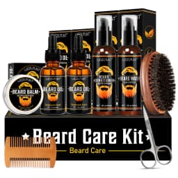 Beard Care Kit for Men, Wash Conditioner Beard Oil and Balm with Comb Brush and Scissors, Sandalwood Scented, Perfect Gift for Men