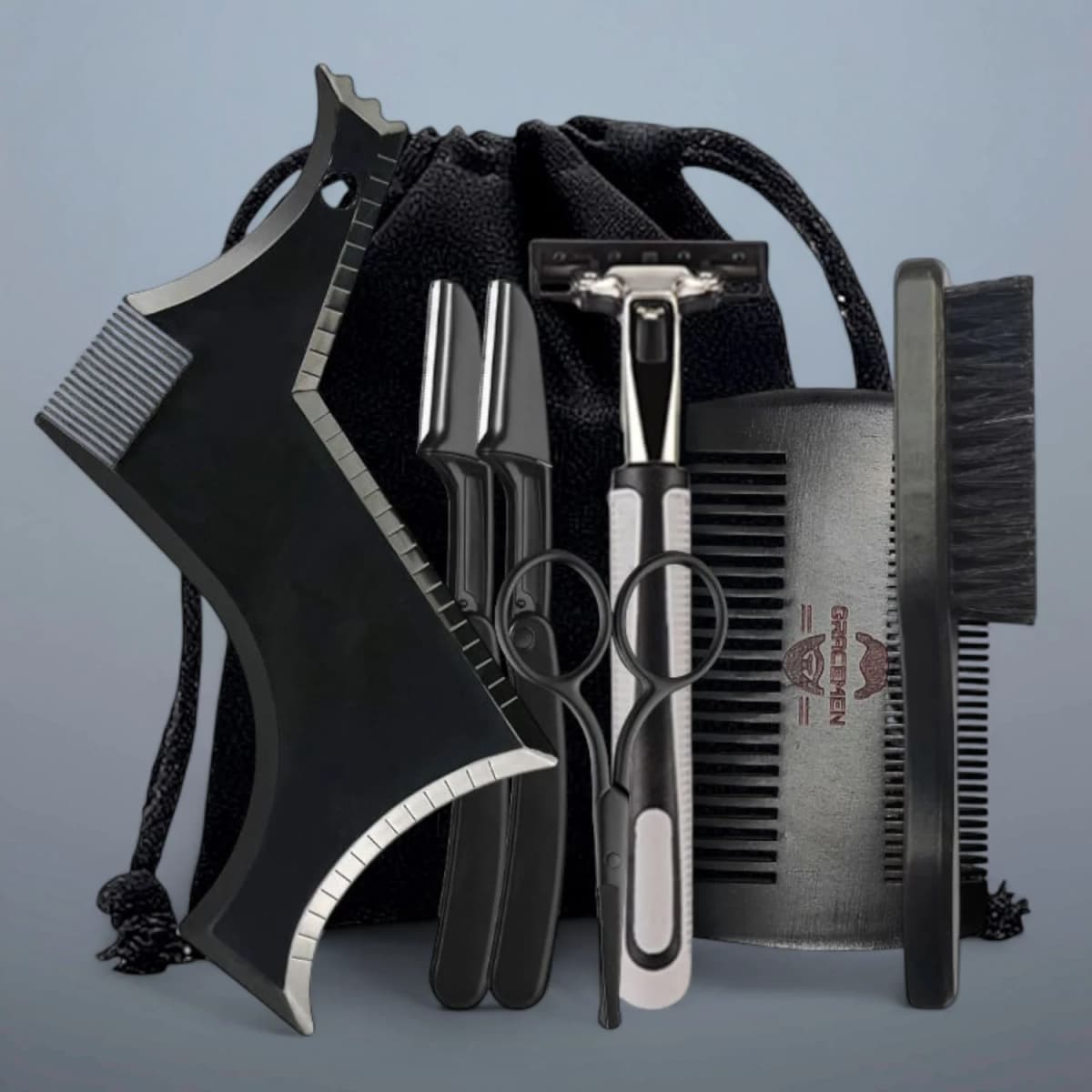 Gracemen Beard Template Kit - 11 in 1 Grooming Suit for Men - Beard Stencil & Brush & Comb & Razor & Scissors with Storage Bag