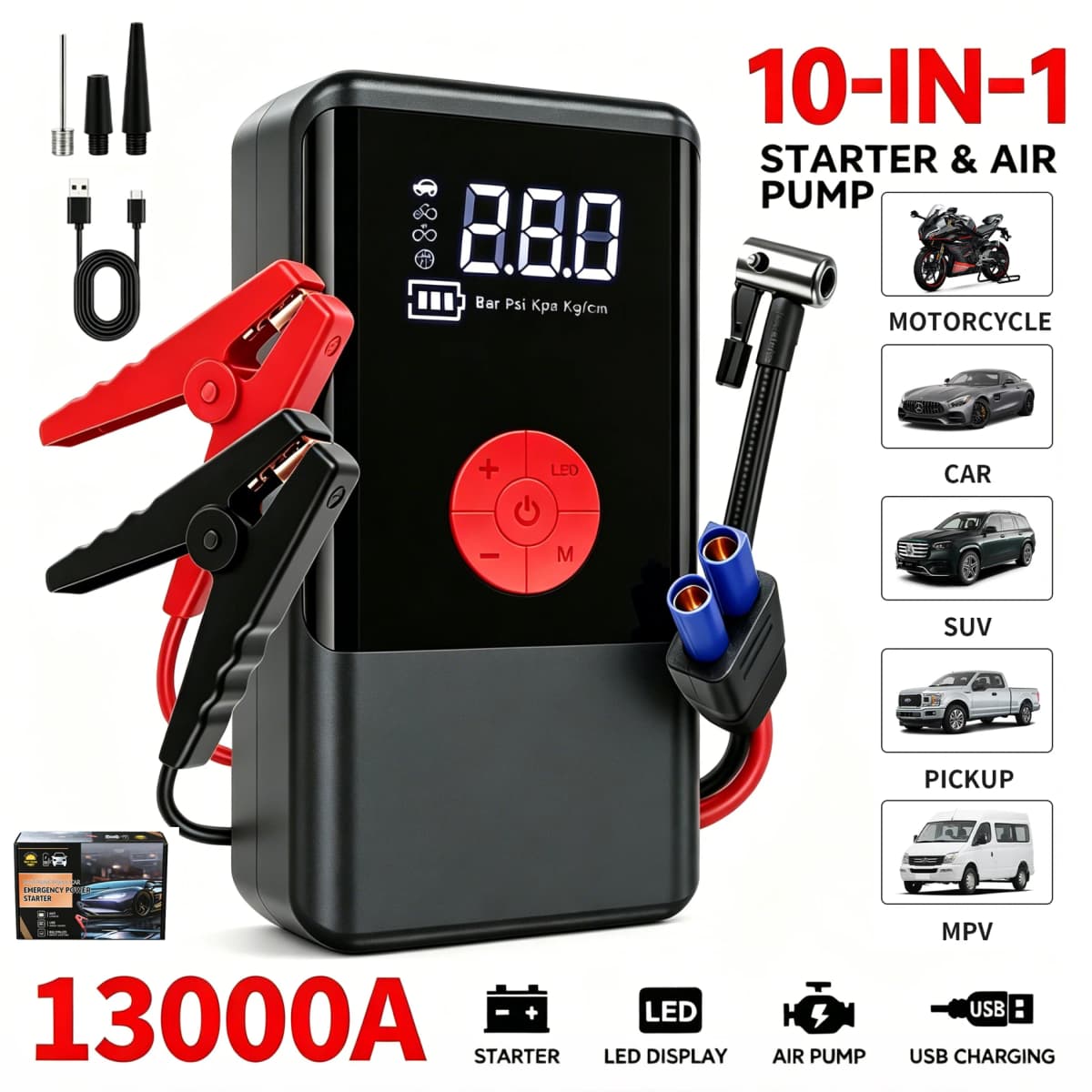 150PSI Air Pump Car Battery Emergency Boosters ,7000A/1500A PEAK Car Jump Starter Power Bank ,Portable Starting Device Car Starter New,Cars with USB Ports And LED Flashlight, 26800mAh/21800mAh Portable Car Jump Starter, Battery Jump Starter