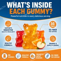 Docteat Healthy Formula Fiber Gummies 5G Fiber Per Serving, Orange & Apple Flavor for Digestive Health & Regularity, 60 Gummies
