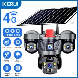KERUI 6MP Triple Lens Solar PTZ Camera 4G SIM WiFi Outdoor Home Security CCTV with V380pro App Built-in Rechargeable Battery