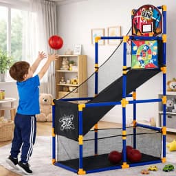 2-in-1 Kids Basketball Arcade Game Set, Adjustable Indoor Outdoor Hoop With Ball Return Ramp, 4 Balls & 6 Sticky Toss Balls