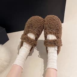 Design Lambwool Women Flats Mary Jane Shoes Fashion Butterfly-knot Slip On Shoes Warm Cartoon House Shoes For Winter