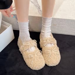 Design Lambwool Women Flats Mary Jane Shoes Fashion Butterfly-knot Slip On Shoes Warm Cartoon House Shoes For Winter