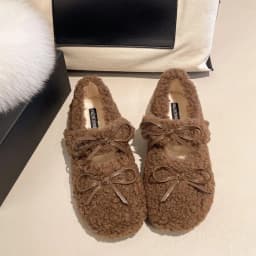 Design Lambwool Women Flats Mary Jane Shoes Fashion Butterfly-knot Slip On Shoes Warm Cartoon House Shoes For Winter