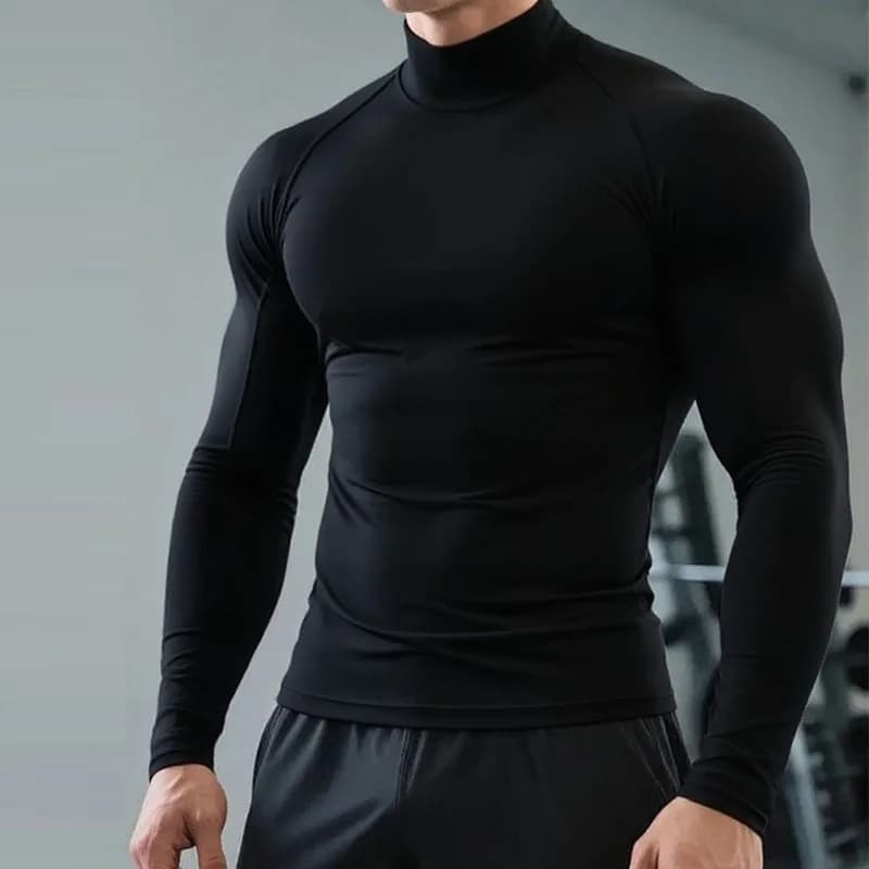 Men High Neck Compression Shirt Long Sleeve Quick Dry Breathable Tight Athletic Base Layer For Gym Fitness Running Training Spor