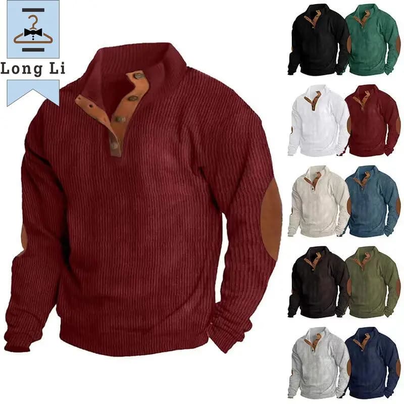 Men's Corduroy Solid Color Splicing Long Sleeve Shirt Pullover Retro Casual Large Size Men's Jacket Men's