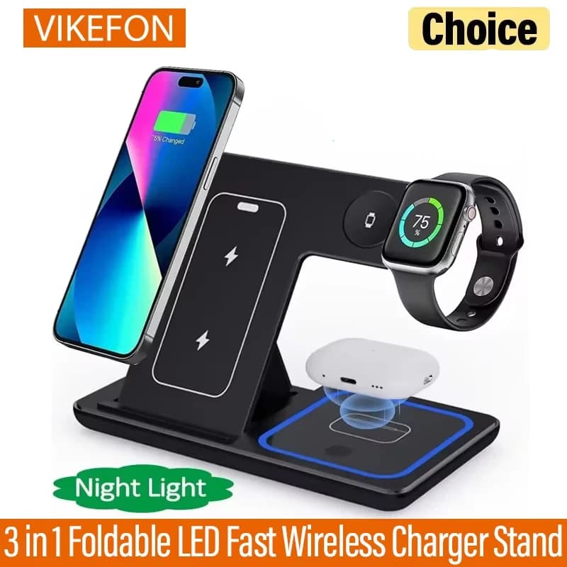 3 in 1 Foldable LED Fast Wireless Charger Stand Charging Station For iPhone 17 16 15 14 13 12 Apple Watch 9 8 7 6 5 Airpods Pro