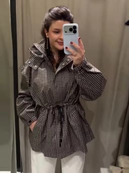 Minimalist Autumn Winter Jacket Women Coat Plaid Hooded Windbreaker Drawstring Waist Loose Mid Casual Outerwear Jacket Female