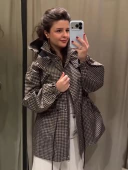 Minimalist Autumn Winter Jacket Women Coat Plaid Hooded Windbreaker Drawstring Waist Loose Mid Casual Outerwear Jacket Female