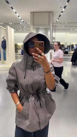 Minimalist Autumn Winter Jacket Women Coat Plaid Hooded Windbreaker Drawstring Waist Loose Mid Casual Outerwear Jacket Female