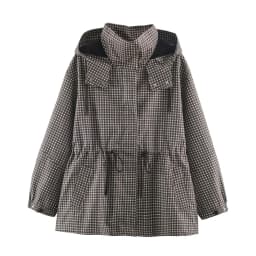Minimalist Autumn Winter Jacket Women Coat Plaid Hooded Windbreaker Drawstring Waist Loose Mid Casual Outerwear Jacket Female