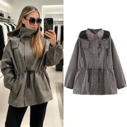 Minimalist Autumn Winter Jacket Women Coat Plaid Hooded Windbreaker Drawstring Waist Loose Mid Casual Outerwear Jacket Female