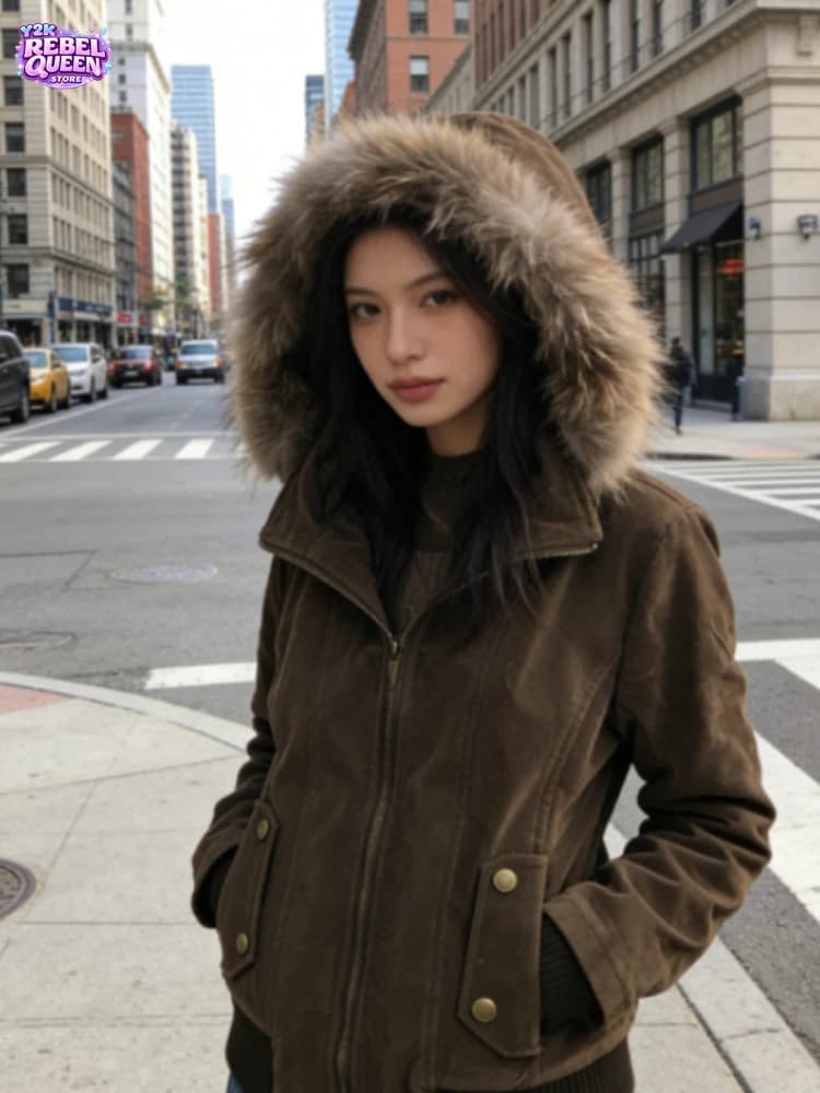 American Vintage Harajuku Jacket Women Slim Brown Fur Collar Hooded Short Coat Winter Gothic Casual Streetwear Fashion Outfit