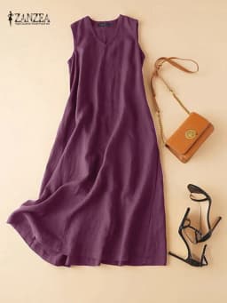 ZANZEA Summer Women's Sleeveless Maxi Dress V-Neck Solid Color Cotton Sundress Casual Loose A-Line Long Dress Woman Clothes 5XL