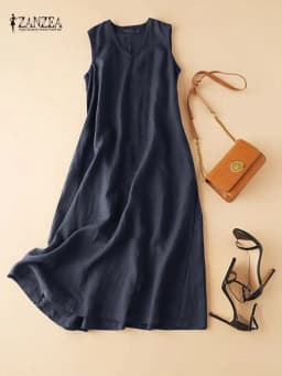 ZANZEA Summer Women's Sleeveless Maxi Dress V-Neck Solid Color Cotton Sundress Casual Loose A-Line Long Dress Woman Clothes 5XL