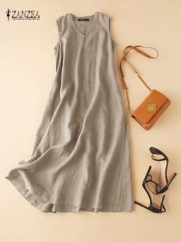 ZANZEA Summer Women's Sleeveless Maxi Dress V-Neck Solid Color Cotton Sundress Casual Loose A-Line Long Dress Woman Clothes 5XL