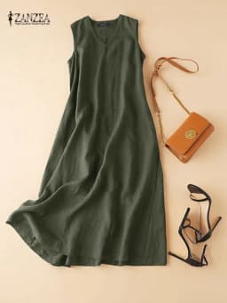 ZANZEA Summer Women's Sleeveless Maxi Dress V-Neck Solid Color Cotton Sundress Casual Loose A-Line Long Dress Woman Clothes 5XL