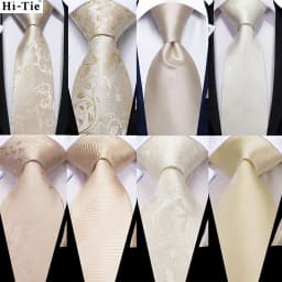 Hi-Tie Champagne Ivory Floral Solid Design Silk Wedding Tie For Men Quality Hanky Cufflink Fashion Nicktie Business Dropshipping