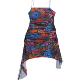 Kliou Floral Print Mini Dress Woman Rhinestone Chain Low-Neck Backless Irregular Hem Midnight Club Party Sexy Fashion Bodycon