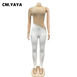 CM.YAYA Women Diamonds Hot Rhinestones Mesh See Though Long Sleeve Jumpsuit 2024 Party Evening Playsuit One Piece Overalls Set