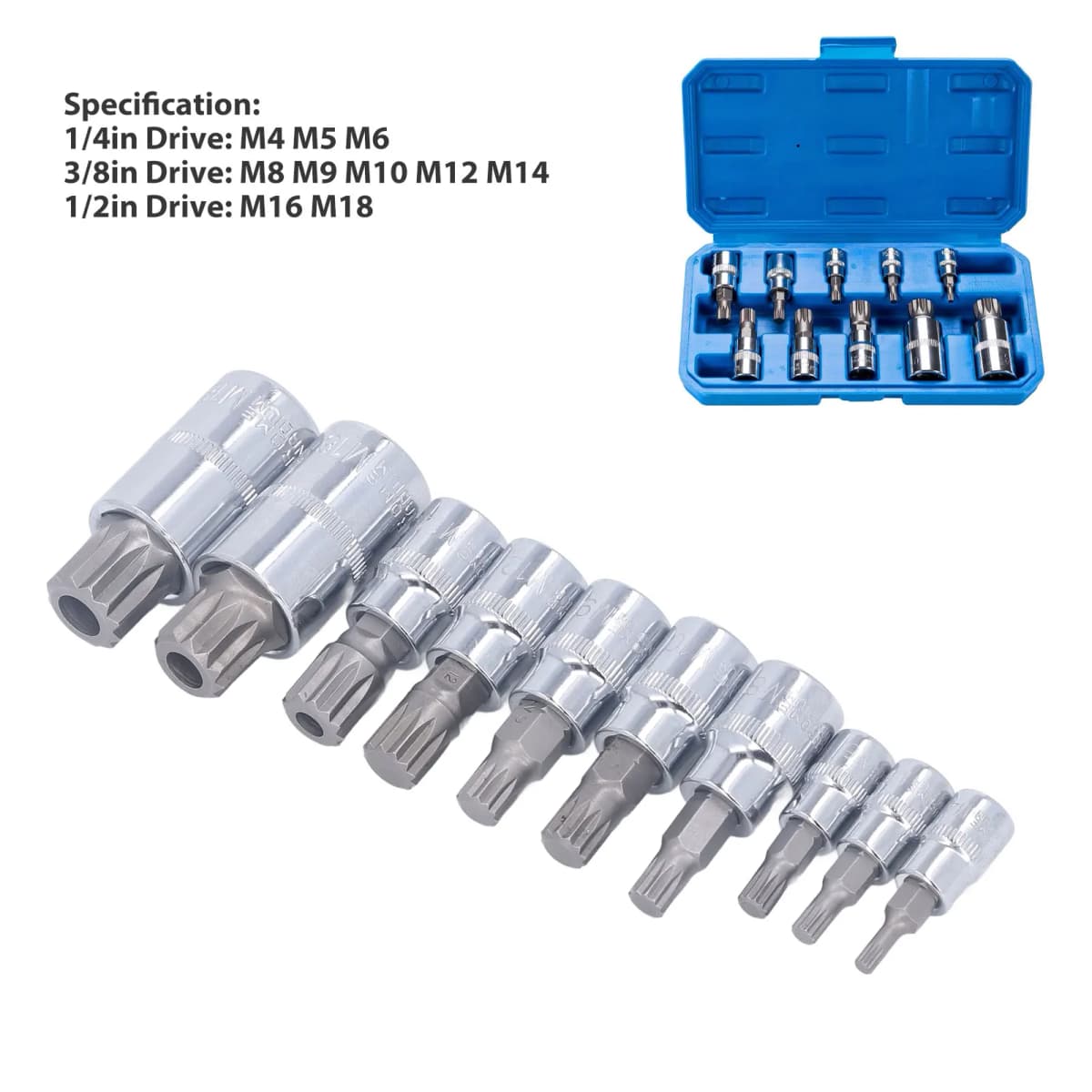 10 Pcs Triple Square Spline Bit Socket Set M4 To M18 1/4in 3/8in 1/2in Drive CR V Steel Bit Socket Set with Storage Box
