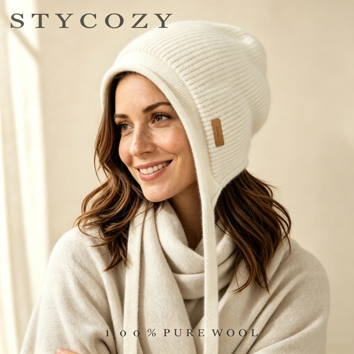100%Pure Wool Women's Winter Knitted Hats Cute Lace-up Students Pullover Hat Autumn Winter Warm Windproof Earflap Beanies Female