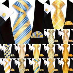 3Pcs Men's Yellow Color Stripes Plaid Solid Ties Pocket Square Cufflinks Wedding Prom Accessories 8cm Cravat Gift for Men