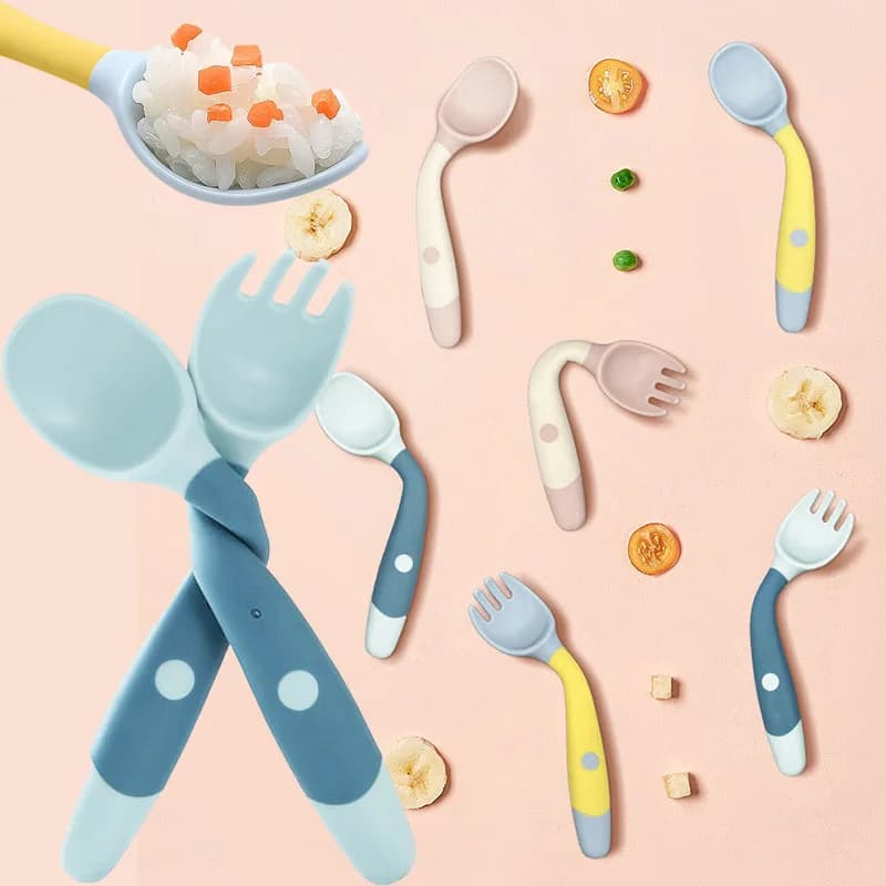 Baby Children Spoon Fork Set Soft Bendable Silicone Scoop Fork Kit Tableware Toddler Training Feeding Cutlery Utensils Tableware