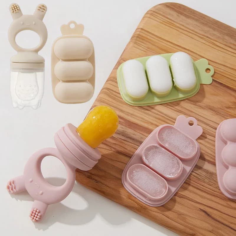 2pcs/set Baby Cartoon Food Feeder BPA Free Silicone Toddlers Hand Ring Food Supplement Storage Container Ice Cream Grid Mold