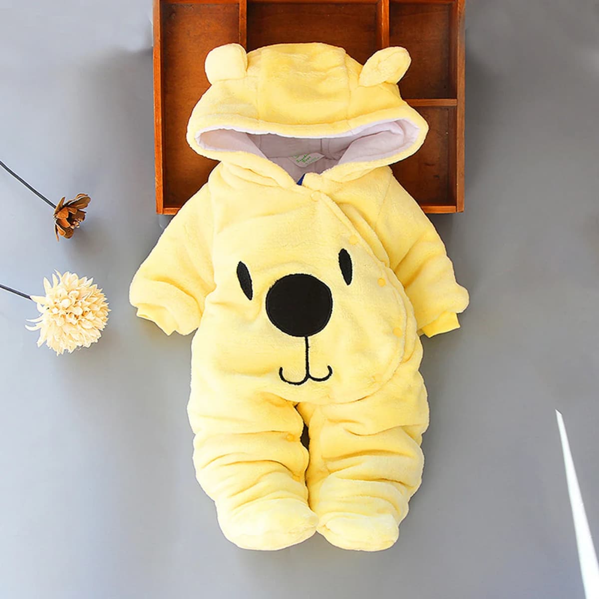 Baby Hooded Footie Romper Snap Up Fleece Snowsuit with Headband Foot Cover Jumpsuit Winter Cute Pattern Jumpsuit Outwear