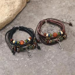 Handmade Hippie Design Brown Leather Bracelet Women Metal Star Note Charms Wood Button Beads Wrap Unisex Adjustable Bracelet